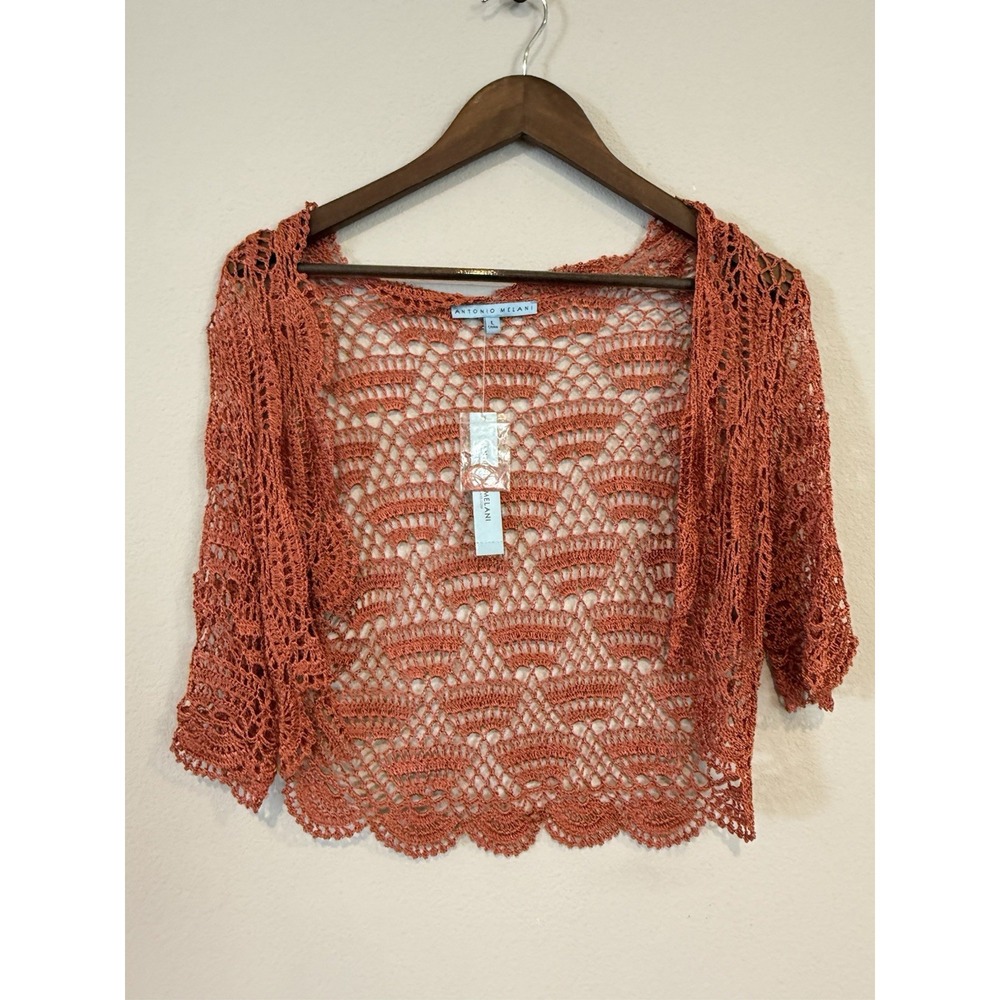 Antonio Melani Carmen Crochet Cardigan Large Baked Clay Open Front NWT $99